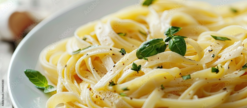 Poster a dish featuring pasta in a flavorful garlic sauce with seaweed presented nicely with a blank space 