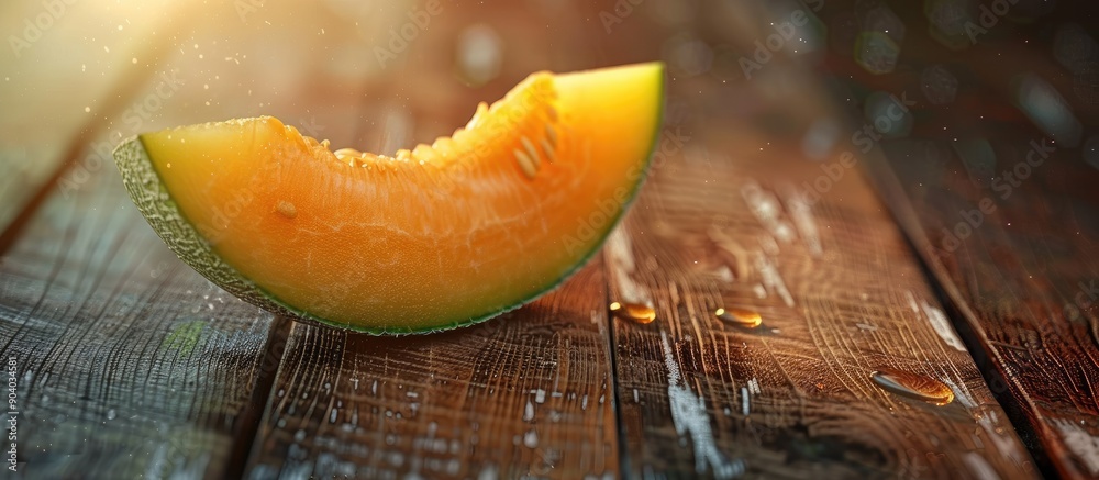 Poster fresh slice of sweet cantaloupe melon on a wooden table in a close up shot with selective focus idea