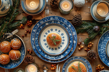 Table set with Hanukkah dishes and decorations, top view