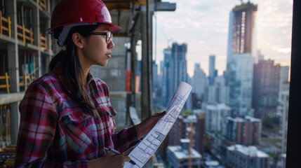 Female architect in hardhat reviewing blueprints for a city project, demonstrating expertise in engineering and urban development