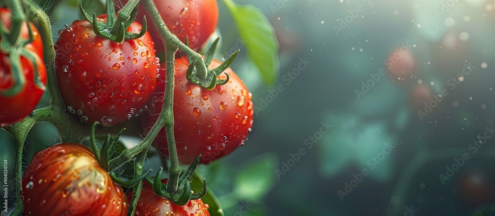 Poster detailed close up image of fresh tomatoes hanging on a plant with copy space image