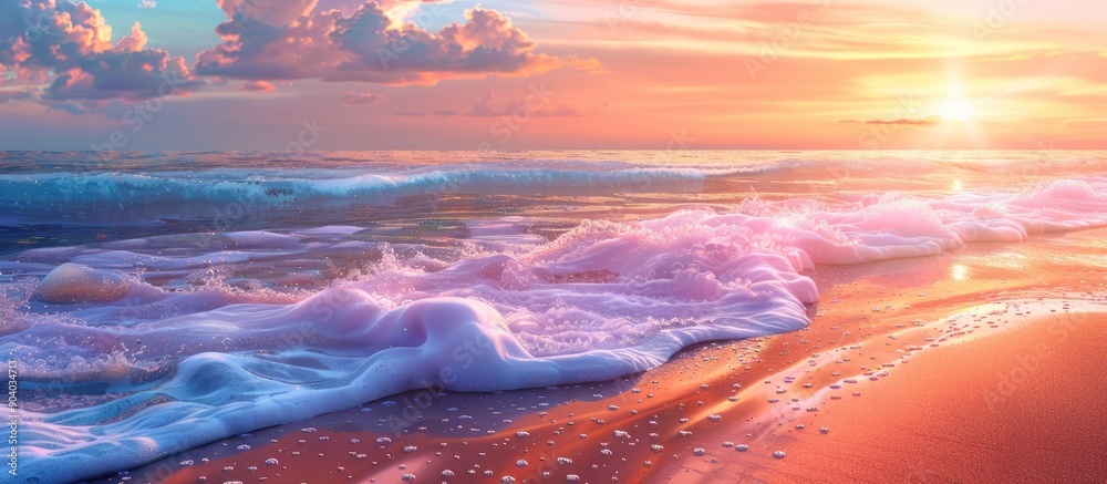 Poster beautiful summer beach landscape at sunset with vibrant colors reflecting in calm waves featuring a 
