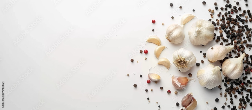 Poster Garlic and pepper arranged on a white background with copy space image
