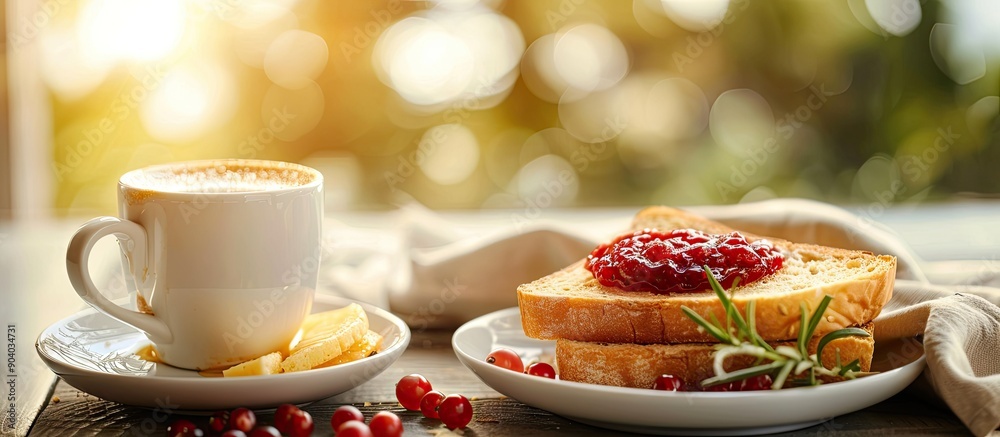 Poster a coffee cup beside a toast sandwich with fruit jam creating a cozy breakfast scene that is ready to