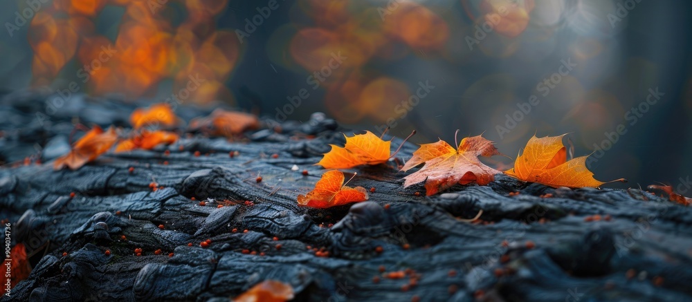 Poster Autumn leaves resting on a tree root creating a serene copy space image