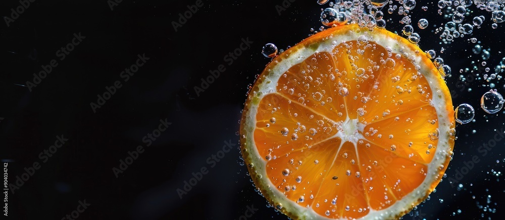 Poster orange slice in water with bubbles against black backdrop providing a copy space image