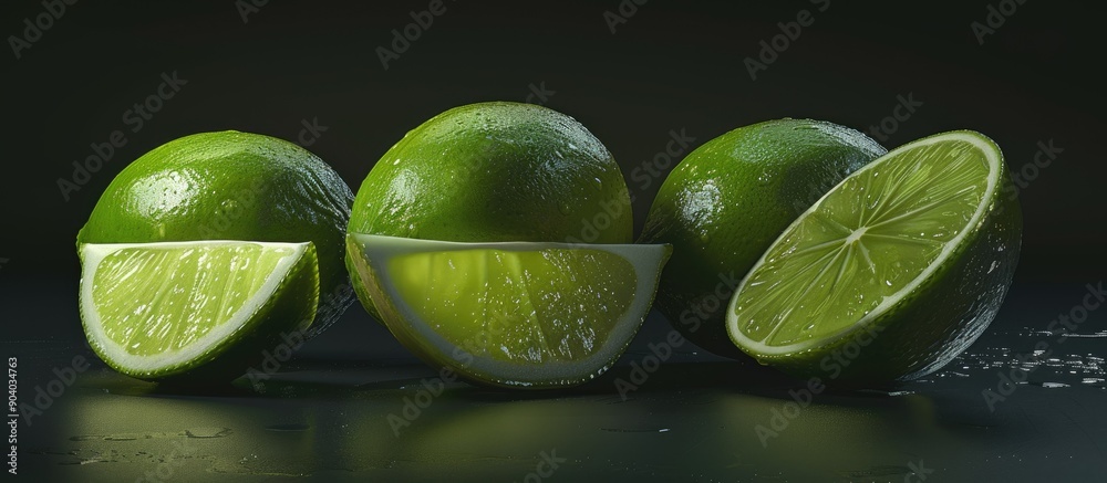 Poster whole lime displayed whole chopped wedged and with copy space image