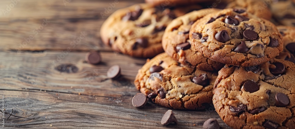 Aufkleber Warm homemade chocolate chip cookies on wooden surface with a rustic feel set against a background with ample copy space image