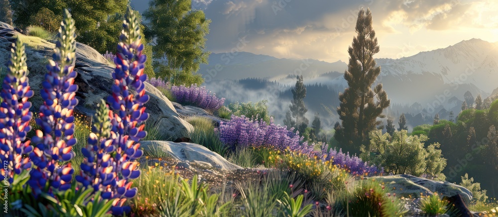 Aufkleber A scenic landscape featuring blooming lupines on a hilly terrain with trees in the backdrop ideal for copy space image