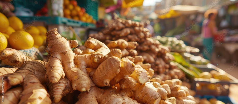 Poster close up of ginger at the market stall with copy space image