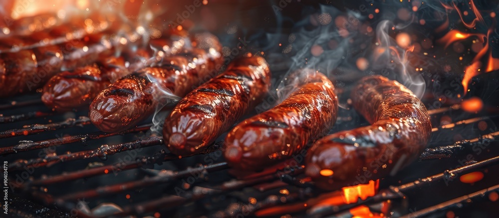 Poster sizzling sausages on a bbq grill with a copy space image
