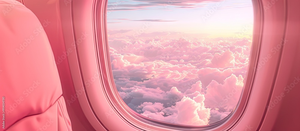 Aufkleber a stunning view of a pink sky with fluffy clouds from the airplane s window ready for a copy space i