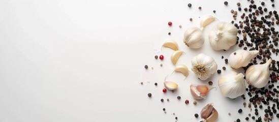 Obraz premium Garlic and pepper arranged on a white background with copy space image