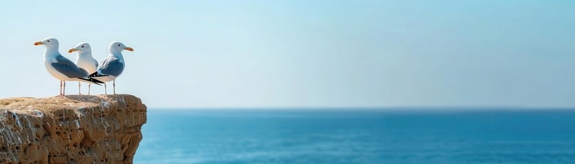 Obraz premium Three seagulls standing on a cliff edge overlooking the vast blue ocean under a clear sky, with ample space for text on the right.