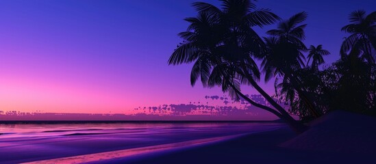 Evening beach scene with palm tree silhouettes set against a purple blue sky ideal for a copy space image