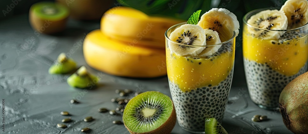 Poster delicious and healthy chia pudding with banana and kiwi a perfect and nutritious breakfast choice su