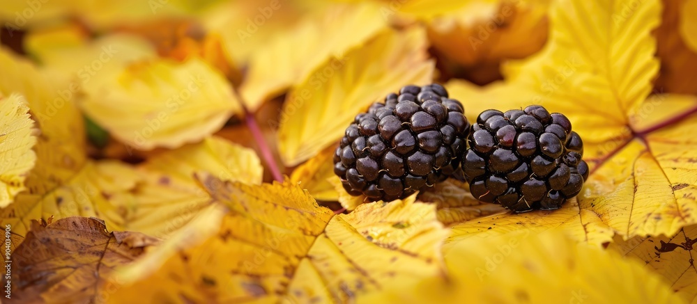 Poster Macro image of blackberry contrasting with vibrant yellow autumn leaves featuring selective focus and copy space image