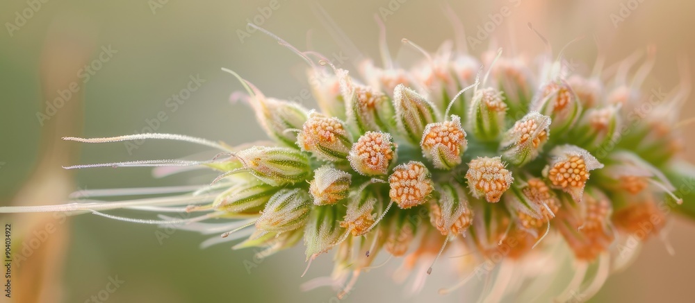 Poster A Ribwort flower head in close up with a plain background for copy space image