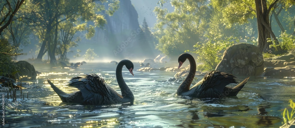 Aufkleber Two elegant black swans gracefully glide across a tranquil stream creating a serene copy space image