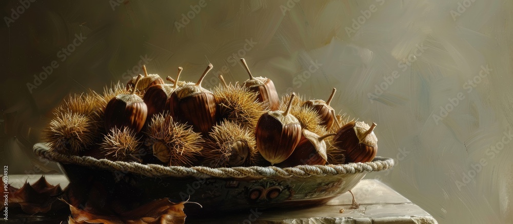 Poster Chestnuts are considered treasures of the Earth like a rare gem in a vast treasure trove and are often associated with autumn. . image with copy space