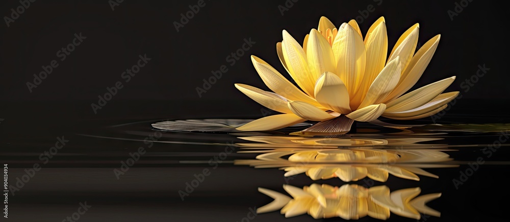 Poster Yellow lotus in bloom on a black background with a water reflection in the copy space image