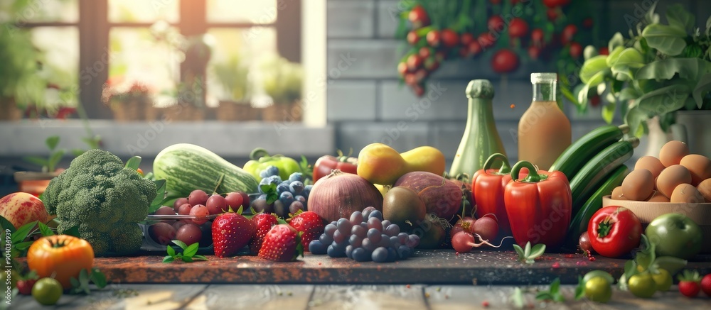 Aufkleber fresh organic vegetarian and vegan groceries featuring a variety of fruits and vegetables displayed 