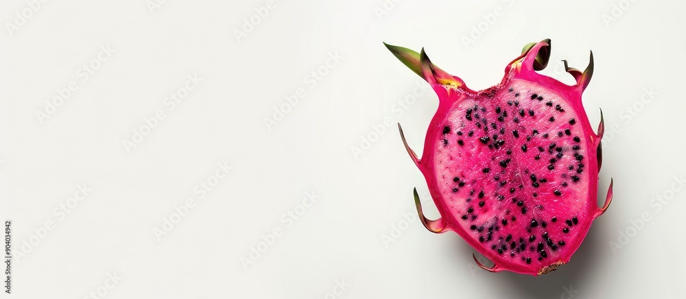 Poster bright red heart shaped pitaya fruit against a white background with copy space image