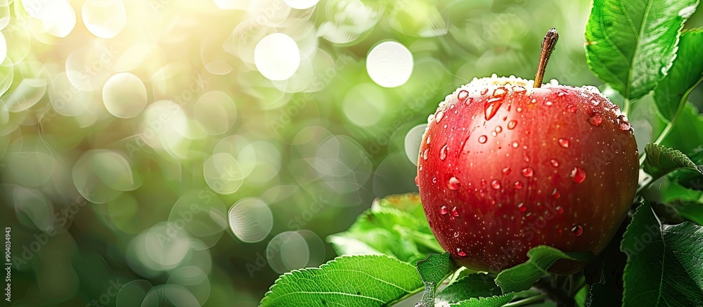 Aufkleber fresh apple with a water drop on its skin set against a lush green natural backdrop a concept repres