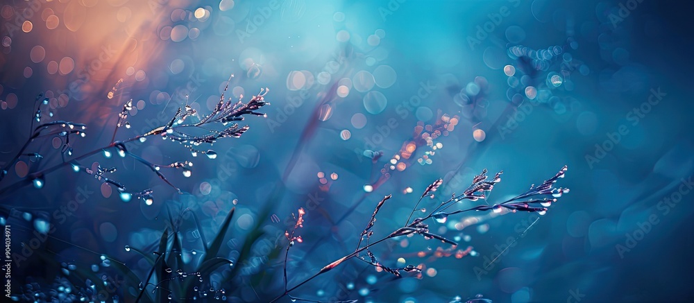 Poster Selective focus on a plant with blurred texture and dew drops in a shallow depth of field creating a serene and visually appealing image with copy space