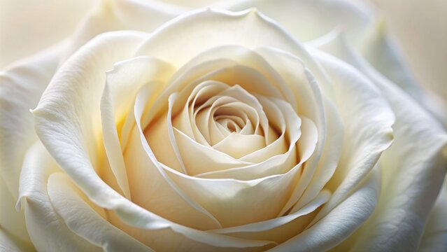 Lovely close-up shot of a pristine white rose, delicate petals unfolding from the center, against a soft, creamy background with ample copyspace.