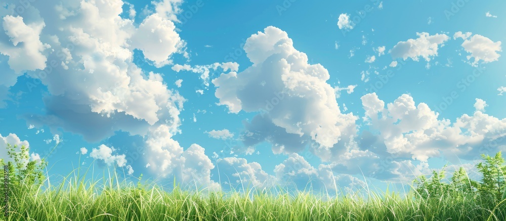 Poster a colorful summer morning with clear blue skies and fluffy white clouds creating a picturesque scene