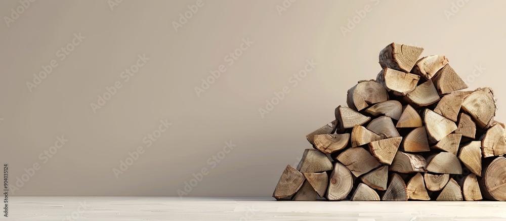 Poster stack of cut firewood for heating and storage purposes showing the concept of heating with copy spac