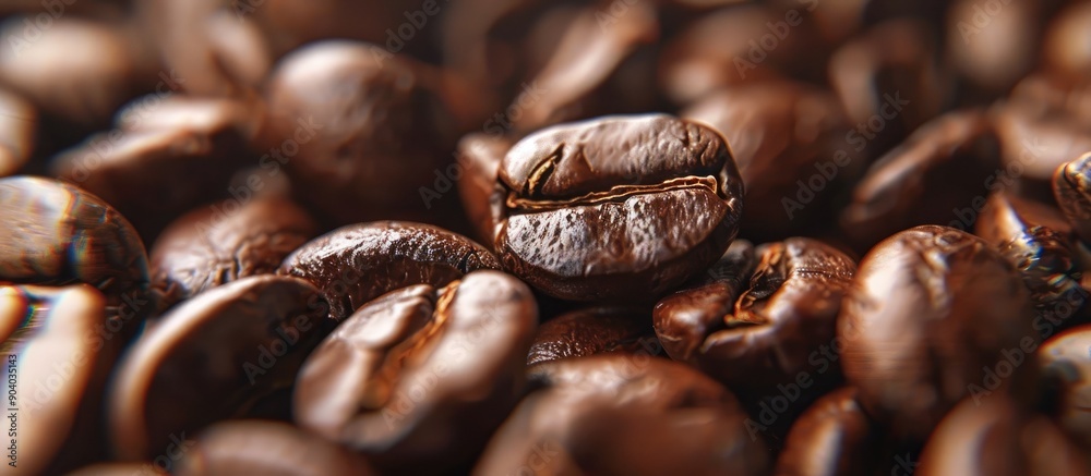 Poster An out of focus up close image of roasted coffee beans with a copy space image