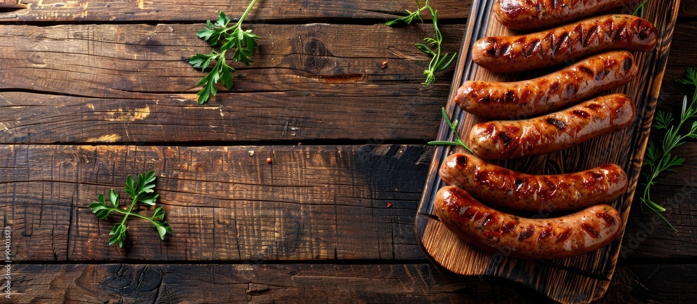 Poster sausages displayed on a wooden cutting board with spacious copy space image