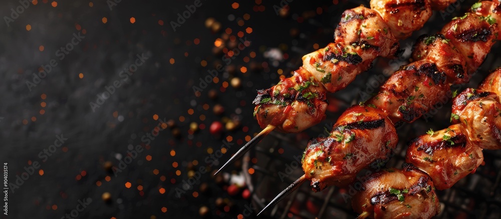 Poster Grilling skewers with succulent chicken meat with a charcoal barbecue background and ample empty space for copy space image