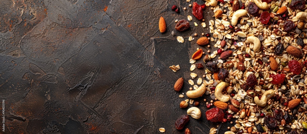 Aufkleber Nutritious granola or muesli blend featuring an array of dried fruits nuts and grains perfect for a copy space image