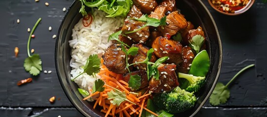 Vietnamese inspired caramel pork served with rice vegetables and a blank space for an image. . image with copy space