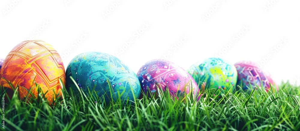 Poster easter themed greeting card featuring colorful eggs and fresh green grass set against a white backdr