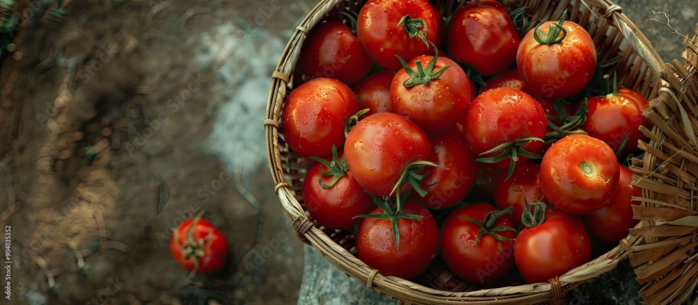 Poster A flat lay of ripe tomatoes in a basket against a natural backdrop with copy space image