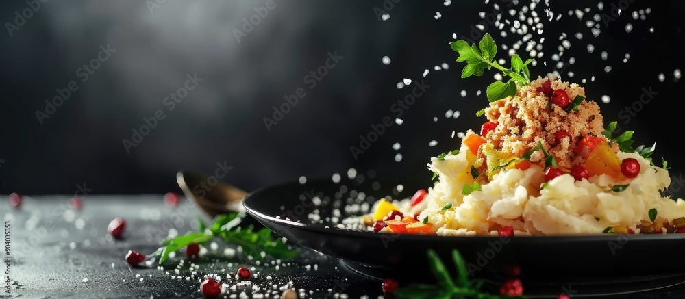Poster a dish consisting of breadcrumbs coated minced meat mashed potatoes and vegetables all beautifully a