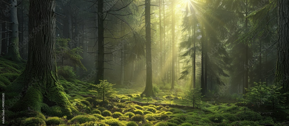 Aufkleber Sunlight filters through a lush magical forest of conifer trees with vivid green moss adding to the enchanting scenery ideal for a copy space image