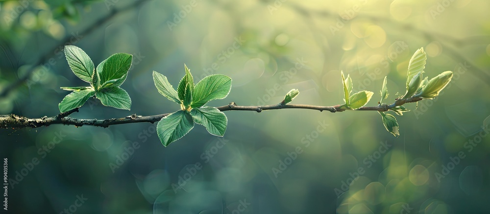 Fototapete A young common ash tree branch in a spring forest setting suitable for a copy space image