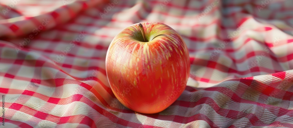 Aufkleber Apple displayed on a clothed surface with red and white checkered pattern available for placement of text or objects in an image. . image with copy space