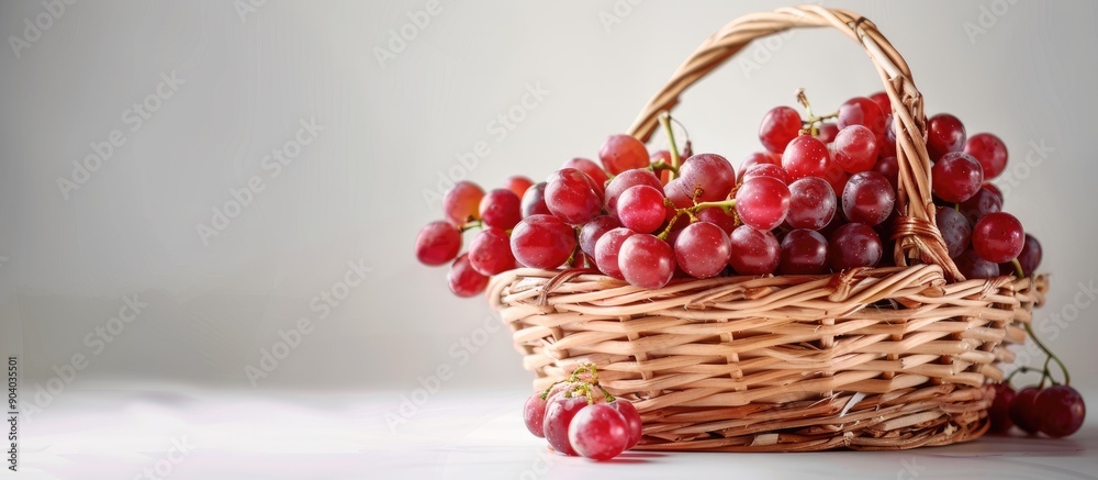 Poster vintage wicker basket filled with red grapes on a white background providing copy space image