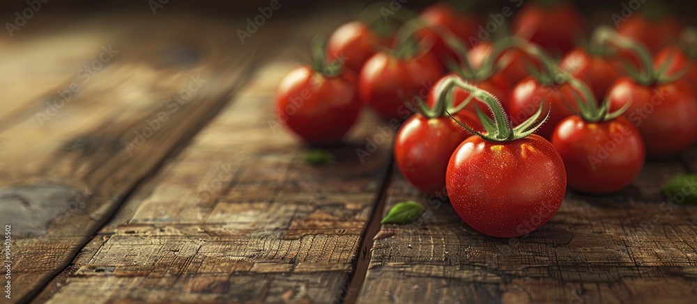 Poster Cherry tomatoes arranged nicely on a wooden backdrop with copy space image