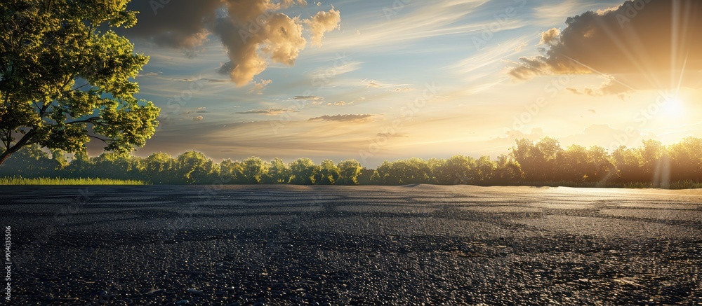 Poster natural landscape with an asphalt road square sunlit sky and clouds suitable for a copy space image
