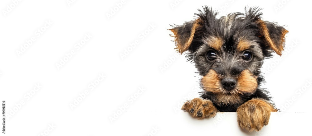 Poster Isolated on a white background there is a Yorkshire terrier puppy with copy space image