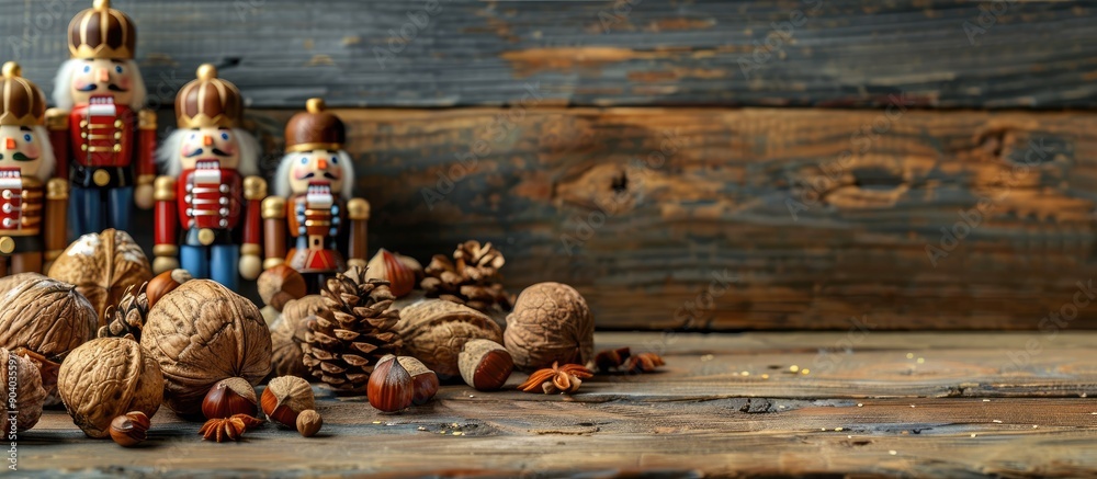 Poster Nuts and nutcrackers displayed on a rustic wooden table with copy space image