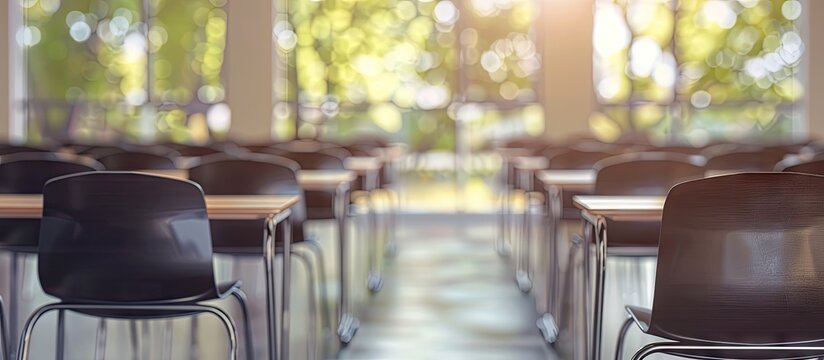 Defocused university classroom with empty chairs and tables suitable for a business conference room with copy space image