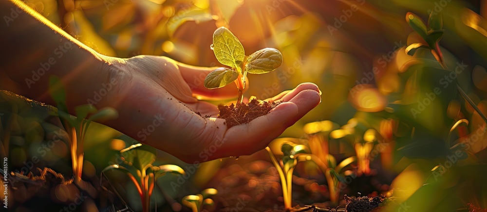 Poster sunlit morning catch embraces fresh sprout in hand with copy space image